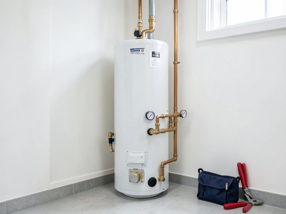Professionally installed water heater system with plumbing tools